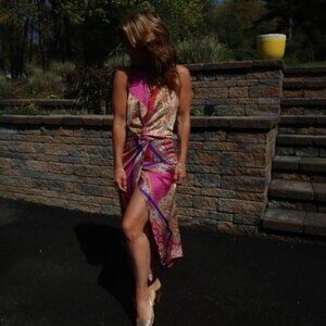 ZARA New Patchwork Print Halter Midi Dress Size M SS24 Purple Satin NWT